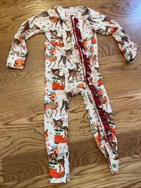 cheeky plum Cream Vintage Rudolph Deer Print Footie with Red Ruffle Trim